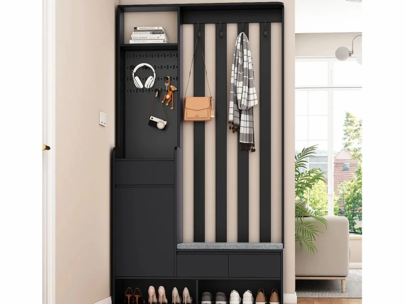 Hauss Spole Armario De Entrada|Armario con 3 cajones, 1 puerta, 4 ganchos y panel perforado, 100 x 35 x 180 cm