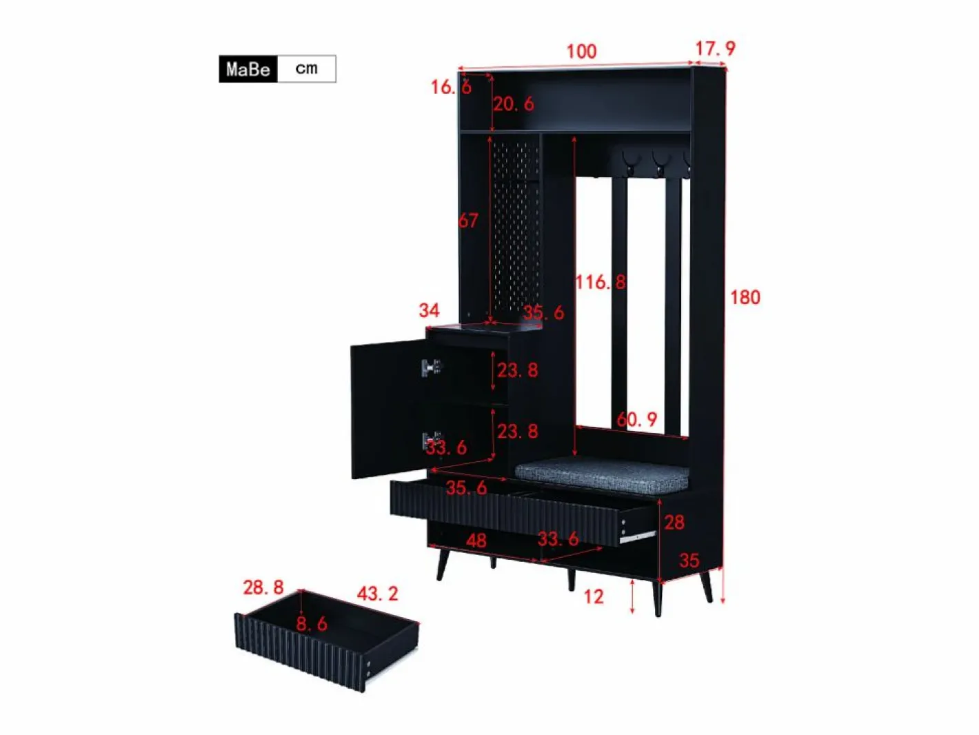 Armario con 1 puerta, 2 cajones, 4 ganchos y 1 banco 100x35x180 cm^Hauss Spole Discount