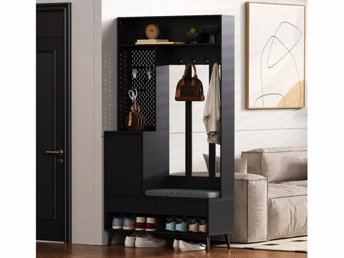 Armario con 1 puerta, 2 cajones, 4 ganchos y 1 banco 100x35x180 cm^Hauss Spole Discount