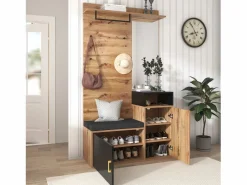 Armario negro y madera con espejo, 2 puertas, banqueta y 4 ganchos 105x40x191,5cm^Hauss Spole Hot