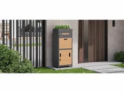 Merax Armario para paquetes y cartas con cerradura de combinación + parterre - 50 x 37 x 118,5 cm - metal - + natural Gris Discount