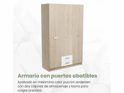 Armario Puccini -Andersen, 3 Puertas, Altillo y 2 Cajones, Perfecto para Dormitorios Matrimoniales e Infantiles, Madera, 130x207,6x50 cm.^ Online