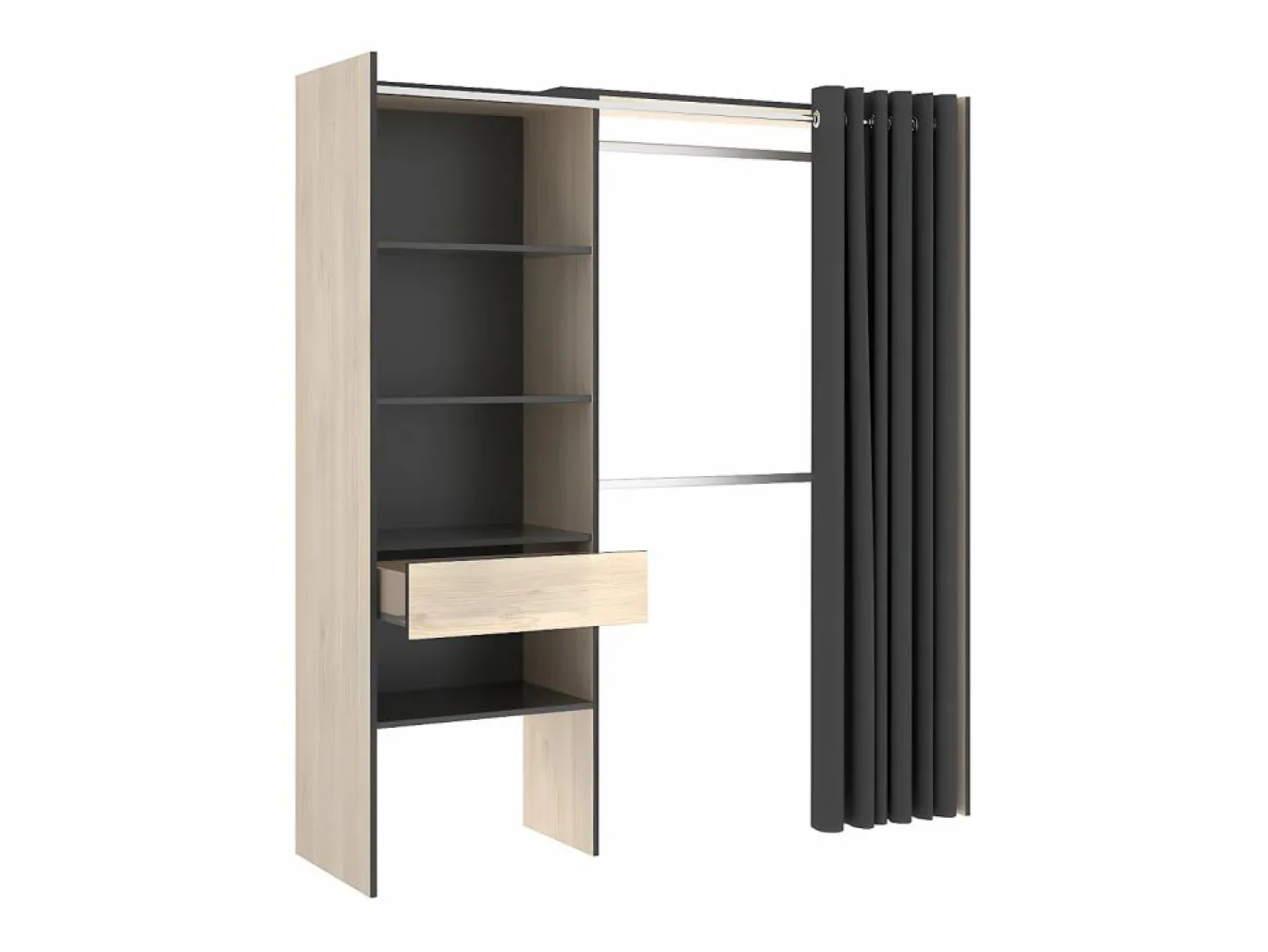 Vente-unique Armario ropero extensible Ancho 110/160 cm cortina, cajón Color roble y antracita LAURENT Gris antracita New