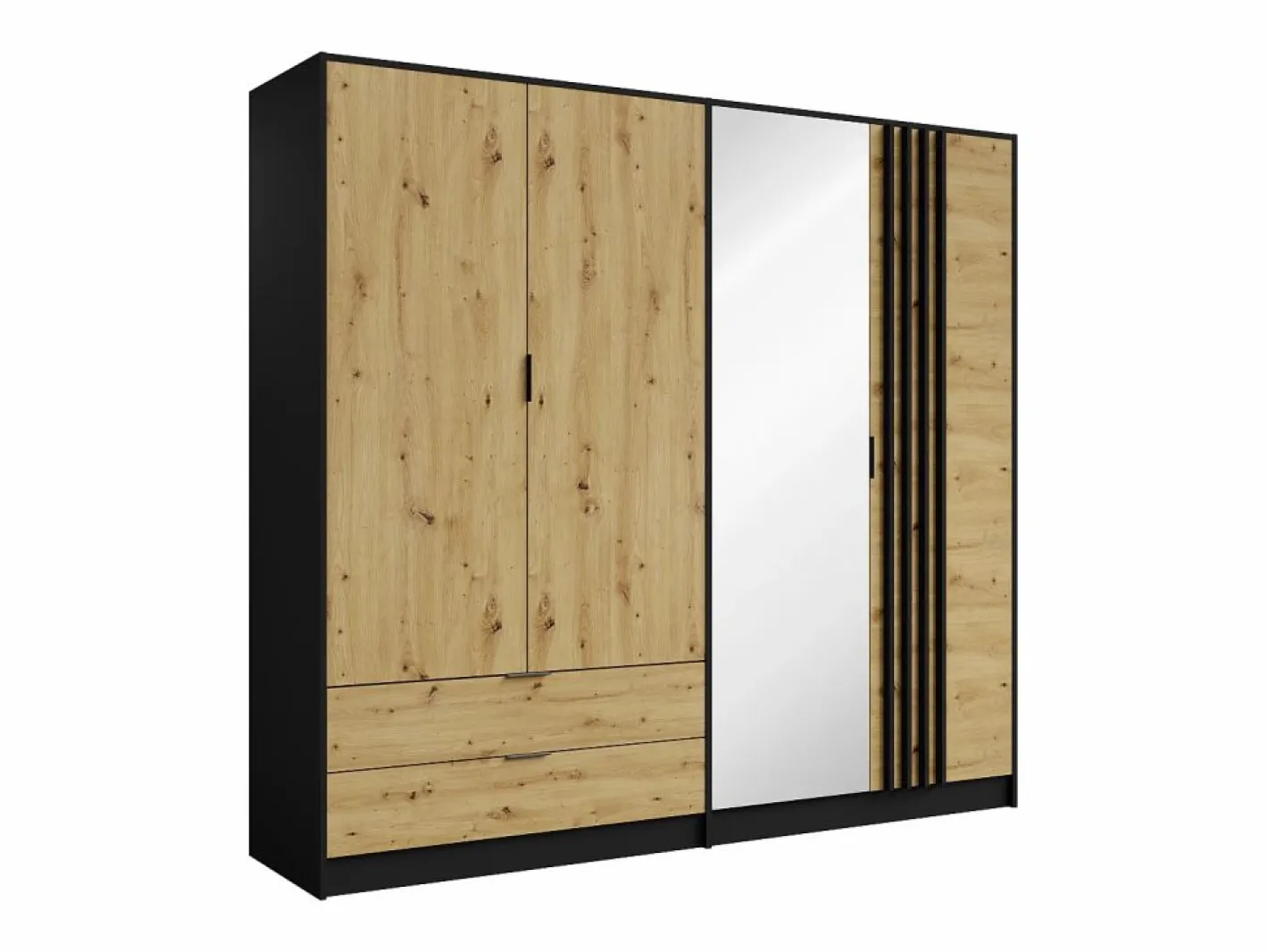 Vente-unique Armario|Armario TUNALO de 4 puertas y 2 cajones con espejo, de 220 cm de ancho, en color negro y natural