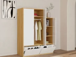 Vente-unique Armario vestidor con 3 puertas, 1 perchero y 2 compartimentos - Blanco y natural - NYVELA Color natural claro / Blanco Hot
