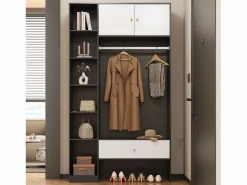 ModernLuxe Armario 105x40x185 cm - con 1 cajón y 2 puertas - con barra para colgar ropa y compartimentos de almacenamiento abiertos - Blanco + Negro Negro / Blanco Outlet