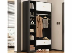 ModernLuxe Armario 105x40x185 cm - con 1 cajón y 2 puertas - con barra para colgar ropa y compartimentos de almacenamiento abiertos - Blanco + Negro Negro / Blanco Outlet