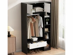 ModernLuxe Armario 105x40x185 cm - con 1 cajón y 2 puertas - con barra para colgar ropa y compartimentos de almacenamiento abiertos - Blanco + Negro Negro / Blanco Outlet