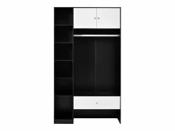 ModernLuxe Armario 105x40x185 cm - con 1 cajón y 2 puertas - con barra para colgar ropa y compartimentos de almacenamiento abiertos - Blanco + Negro Negro / Blanco Outlet