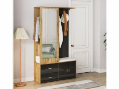 Armario 100x38x108.1 cm - Con espejo - Con zapatero - Con ganchos y perchas retráctiles - Negro + Natural^ModernLuxe