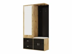 Armario 100x38x108.1 cm - Con espejo - Con zapatero - Con ganchos y perchas retráctiles - Negro + Natural^ModernLuxe