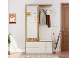 ModernLuxe Armario De Entrada|Armario 100x38x108.1 cm - Con espejo - Con zapatero - Con ganchos y perchas retráctiles - Blanco + Natural
