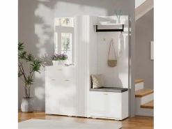 Merax Armario/perchero - 150 x 36 x 180 cm - con banco zapatero + mueble de almacenaje + espejo + cajones - aglomerado - Blanco Hot