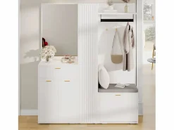 Merax Armario/perchero - 150 x 36 x 180 cm - con banco zapatero + mueble de almacenaje + espejo + cajones - aglomerado - Blanco Hot