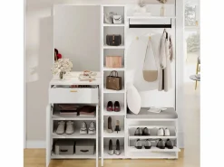 Merax Armario/perchero - 150 x 36 x 180 cm - con banco zapatero + mueble de almacenaje + espejo + cajones - aglomerado - Blanco Hot