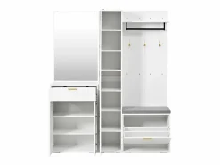 Merax Armario/perchero - 150 x 36 x 180 cm - con banco zapatero + mueble de almacenaje + espejo + cajones - aglomerado - Blanco Hot