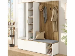 Merax Armario De Entrada|Armario/perchero - 160 x 38 x 180 cm - con mueble y banco zapatero + barra para colgar + 4 ganchos + espejo + puertas - aglomerado -