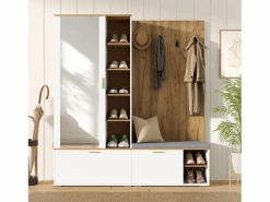 Merax Armario De Entrada|Armario/perchero - 160 x 38 x 180 cm - con mueble y banco zapatero + barra para colgar + 4 ganchos + espejo + puertas - aglomerado -