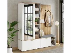 Merax Armario De Entrada|Armario/perchero - 160 x 38 x 180 cm - con mueble y banco zapatero + barra para colgar + 4 ganchos + espejo + puertas - aglomerado -