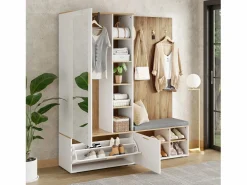 Merax Armario De Entrada|Armario/perchero - 160 x 38 x 180 cm - con mueble y banco zapatero + barra para colgar + 4 ganchos + espejo + puertas - aglomerado -