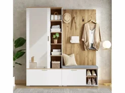 Merax Armario De Entrada|Armario/perchero - 160 x 38 x 180 cm - con mueble y banco zapatero + barra para colgar + 4 ganchos + espejo + puertas - aglomerado -