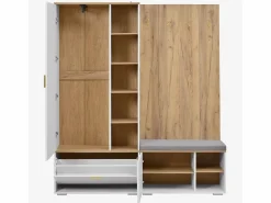 Merax Armario De Entrada|Armario/perchero - 160 x 38 x 180 cm - con mueble y banco zapatero + barra para colgar + 4 ganchos + espejo + puertas - aglomerado -
