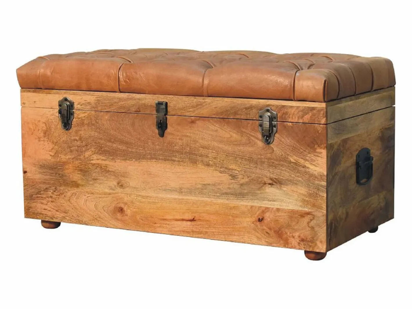 Artisan Furniture Madera maciza Baúl de almacenamiento estilo roble con piel de búfalo Marru00f3n Online
