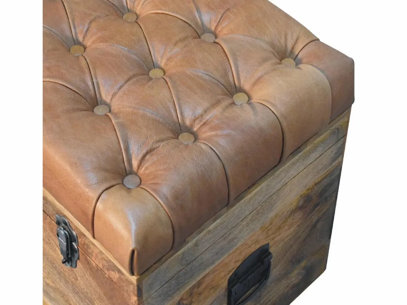 Artisan Furniture Madera maciza Baúl de almacenamiento estilo roble con piel de búfalo Marru00f3n Online