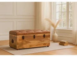 Artisan Furniture Madera maciza Baúl de almacenamiento estilo roble con piel de búfalo Marru00f3n Online