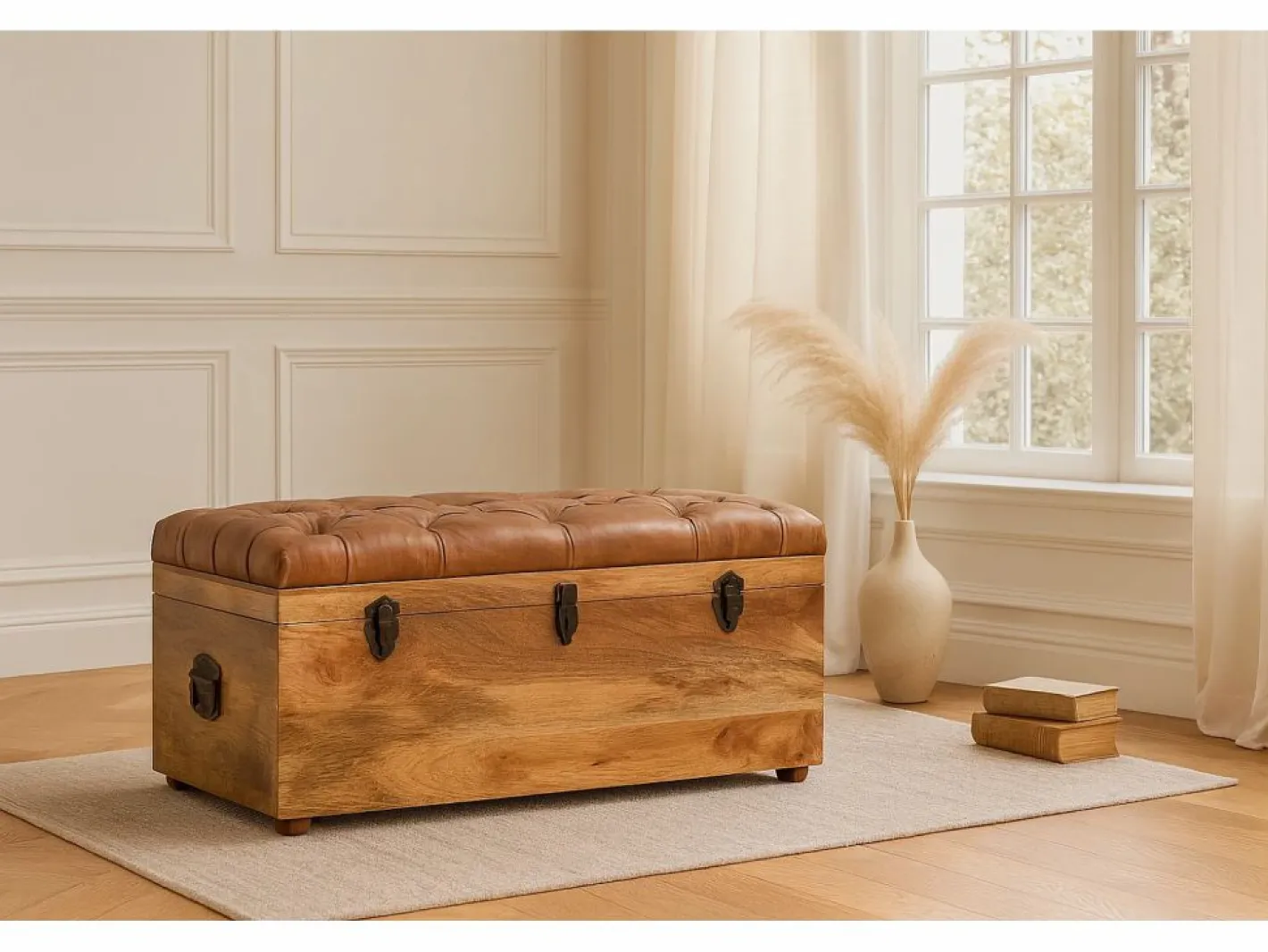 Artisan Furniture Madera maciza Baúl de almacenamiento estilo roble con piel de búfalo Marru00f3n Online