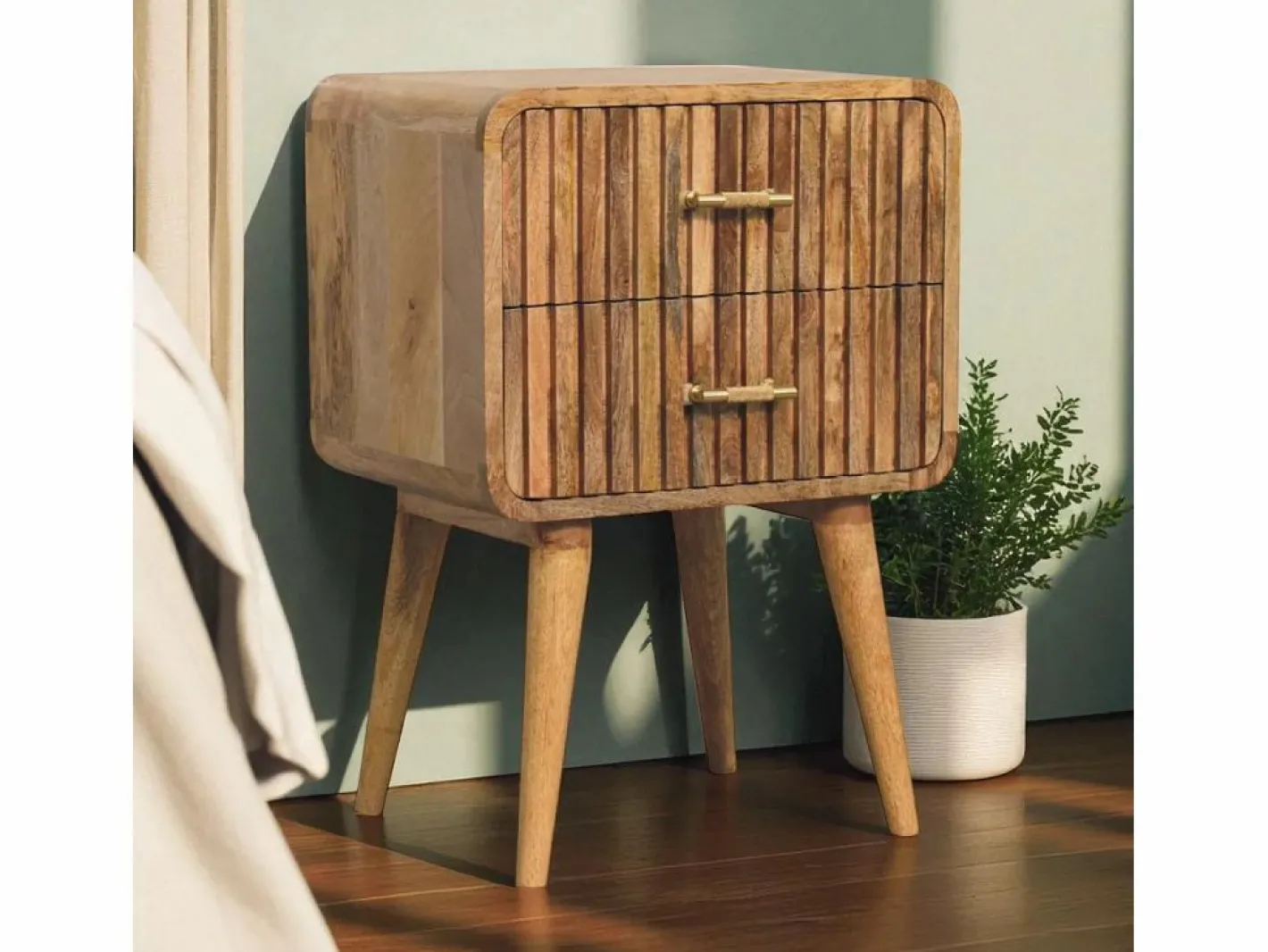 Mesita De Noche|Artisan Furniture Mesita de noche acanalada con barra en T de madera maciza