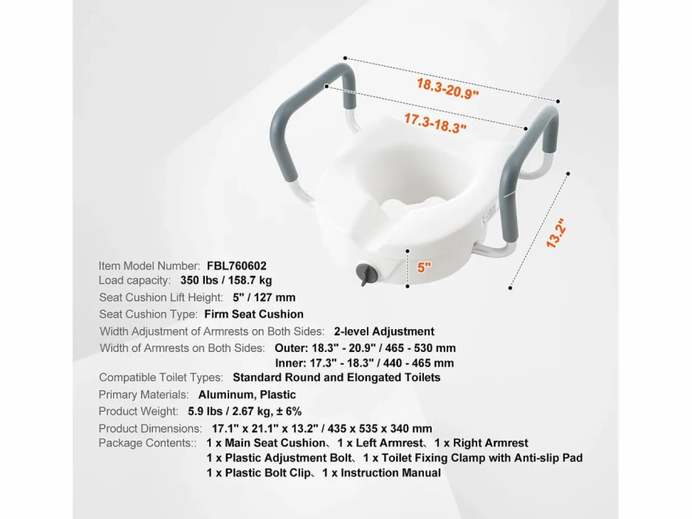 Tapa De Inodoro|Asiento de Inodoro Elevado SucceBuy, Altura 12,7 cm, Capacidad 158 kg, Ancho Ajustable 48,1 a 55,9 cm,