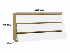 TOPESHOP Cómoda|ASTER – Cómoda ancha para dormitorio, salón o oficina – 6 cajones – 138x40x75 cm – Artesanal y blanco