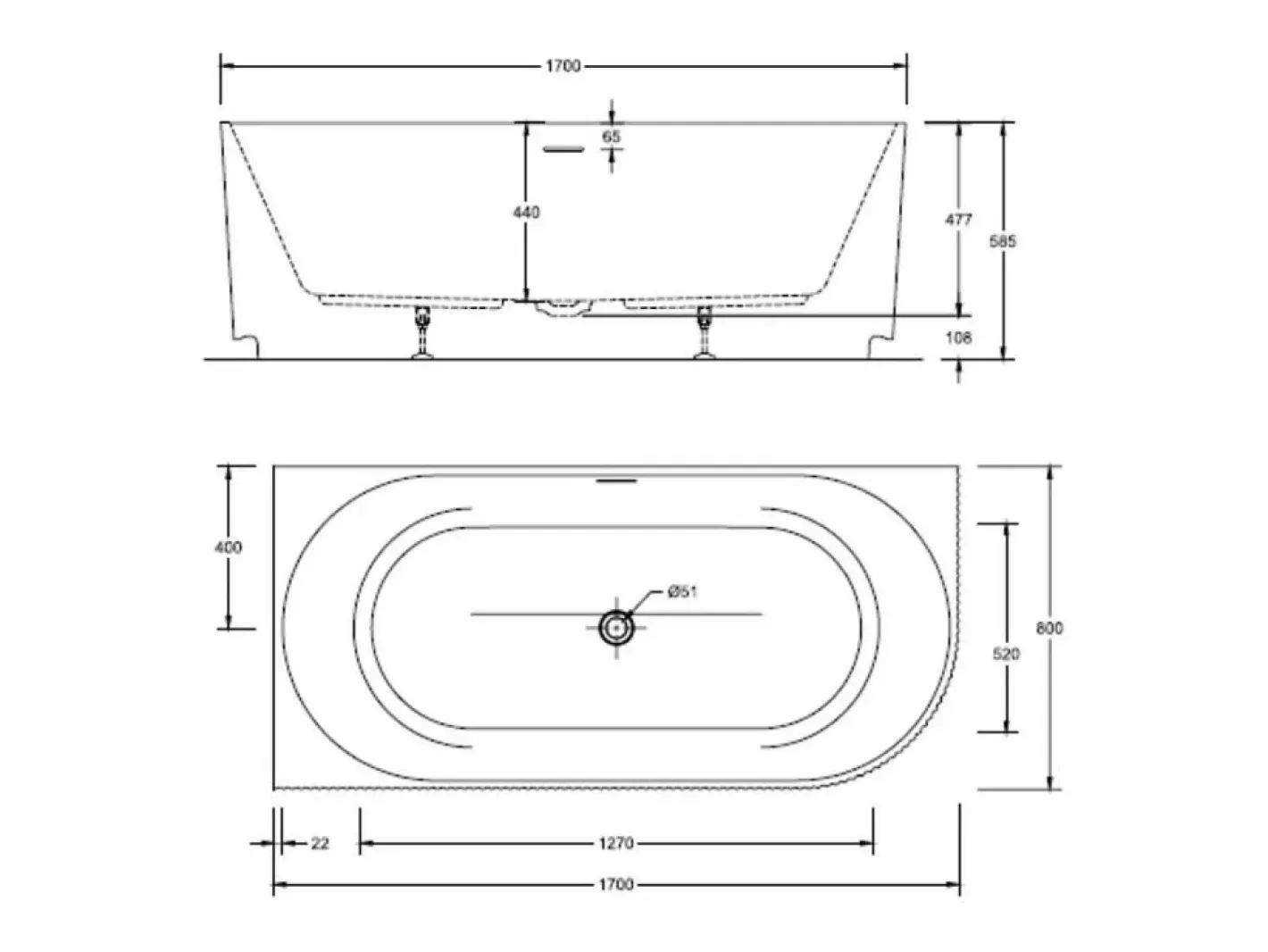 Bañera acrílica acanalada semi-isla blanca 170cm - Esquina izquierda STRIA Blanco