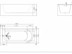 Shower & Design Bañera acrílica blanca de esquina, 240L, 170 x 75 x 58 cm, ángulo recto, ANIKA Blanco Outlet