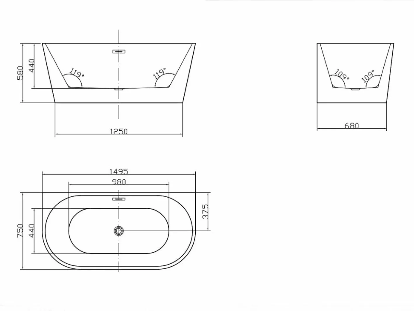 Shower & Design Bañera Semi Exenta|Bañera acrílica blanca, 255L, 180 x 75 x 58 cm, DIVINA