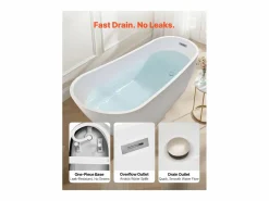 Bañera Autoportante SucceBuy en Acrílico, Bañera Isla Moderna y Elegante, 170x74 cm, Gran Capacidad 215 L, con Rebosadero y Desagüe en Níquel Cepillado^ Sale