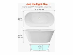 Bañera Exenta|Bañera Autoportante SucceBuy en Acrílico, Bañera Isla Moderna y Elegante, 150x75 cm, Gran Capacidad 230 L, con Rebosadero y Desagüe en Níquel Cepillado