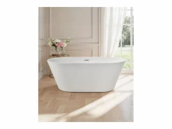 Bañera Autoportante SucceBuy en Acrílico, Bañera Isla Moderna Ovalada, 150x75 cm, Gran Capacidad 230 L, con Rebosadero y Desagüe en Cromo Pulido Blanco Best