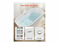 Bañera Autoportante SucceBuy en Acrílico, Bañera Isla Moderna Ovalada, 150x75 cm, Gran Capacidad 230 L, con Rebosadero y Desagüe en Cromo Pulido Blanco Best