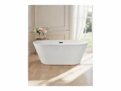 Bañera Autoportante SucceBuy en Acrílico, Bañera Isla Moderna Blanca 150x75 cm, Gran Capacidad 230 L, con Rebosadero y Desagüe Negro Mate, Cuarto de Baño^ Outlet