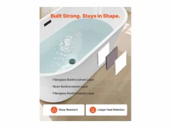 Bañera Autoportante SucceBuy en Acrílico, Bañera Isla Moderna Blanca 150x75 cm, Gran Capacidad 230 L, con Rebosadero y Desagüe Negro Mate, Cuarto de Baño^ Outlet