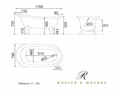ROGIER & MOTHES Bañera de Hierro LIVINGSTON blanca 170 cm Patas CROMADAS Blanco / Plateado Outlet