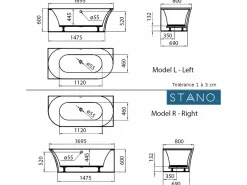 STANO Bañera Rinconera|Bañera Semi Exenta|Bañera exenta ELIZABETH 170 cm Angulo a la derecha