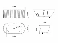 Shower & Design Bañera exenta estriada de acrílico, brillante, 220L, 150 x 75 x 58 cm, ALIENA Blanco