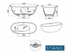 STANO Bañera Exenta|Bañera moderna Solid Surface MALMO exenta 165 cm