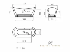 ROGIER & MOTHES Bañera Con Patas|Bañera retro PITTSBURGH con desagüe y sifón incluido 177 cm