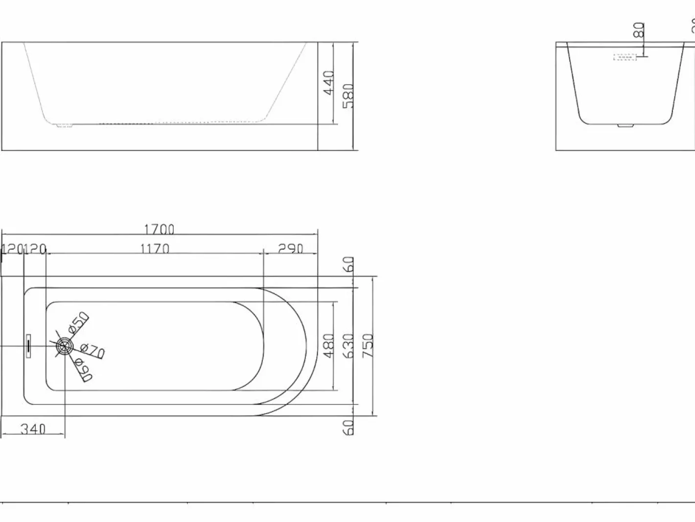 Bañera rinconera acrílica blanca, 240L, 170 x 75 x 58 cm, esquina izquierda, ANIKA^Shower & Design Discount