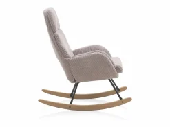 Sillón Balancín|Balancín tapizado en pana lavanda rosácea, patas metal y patín madera