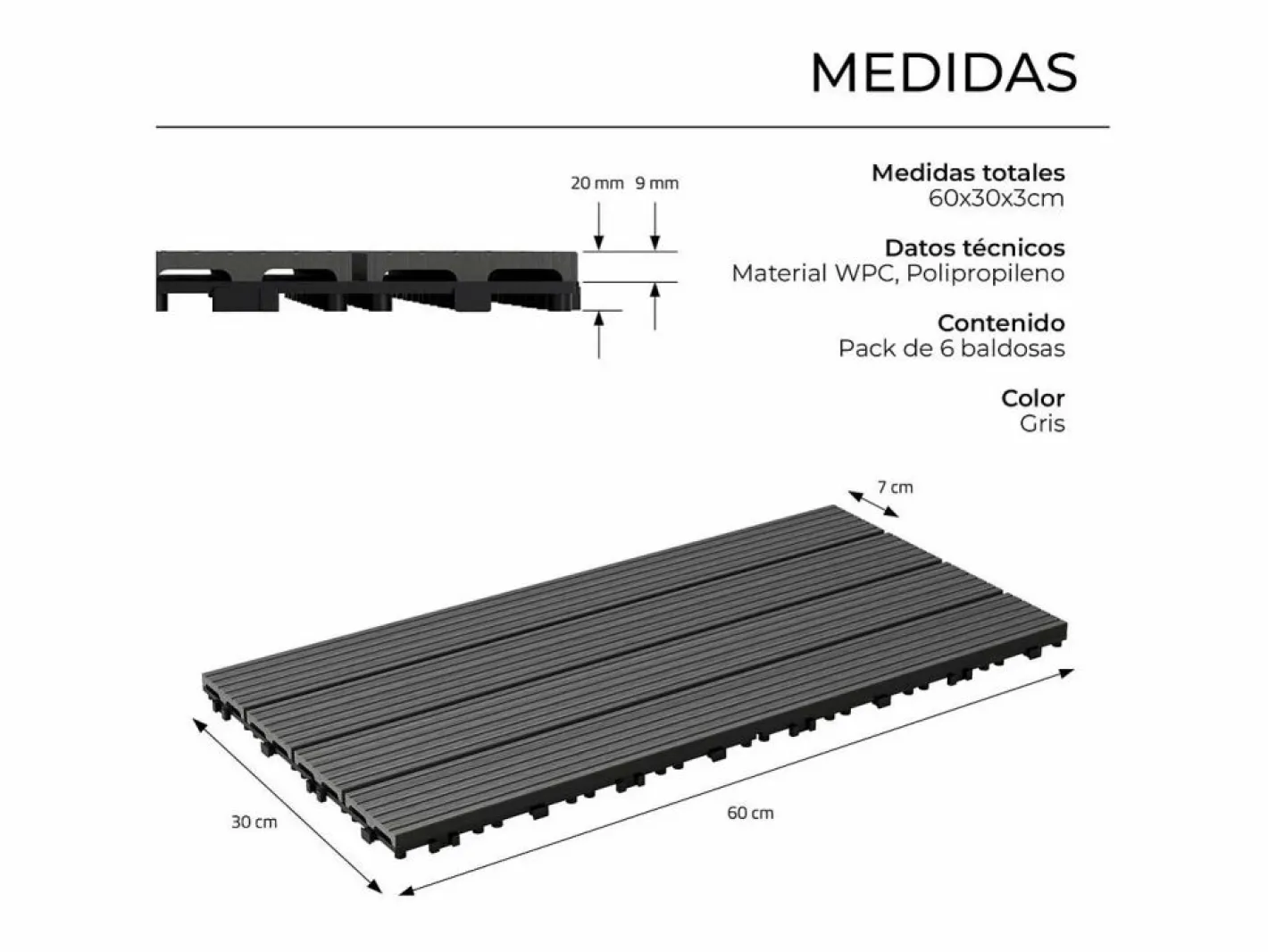 Baldosas de exterior – madera composite WPC, antideslizantes, set de 6 (1.08 m²) – Yoevu Gris Clearance